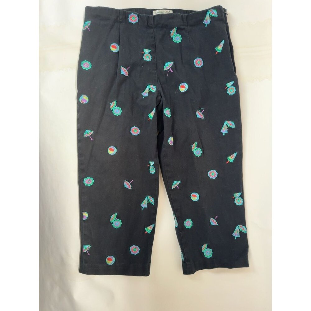Coldwater Creek P12 Black Cropped Pants With Colorful Embroidered Beach Umbrella